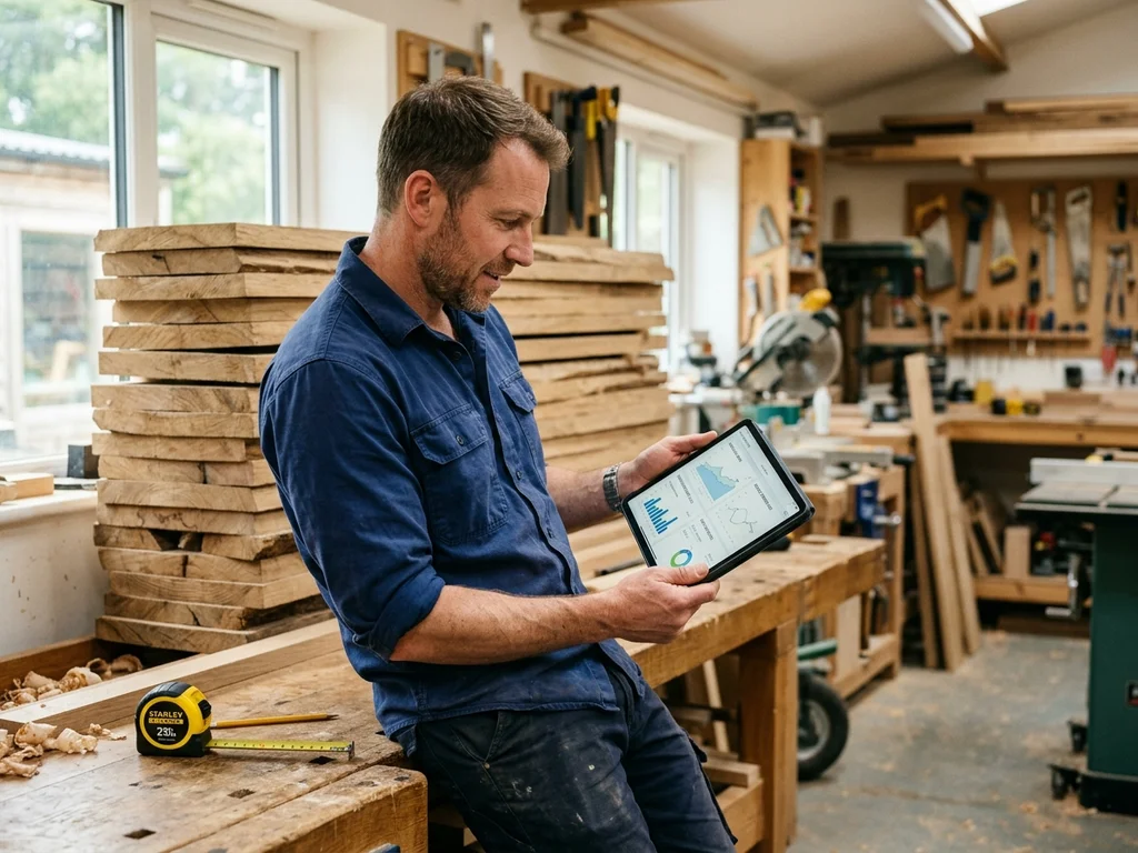 Artisan menuisier analysant son référencement local sur tablette dans son atelier de Clamart.