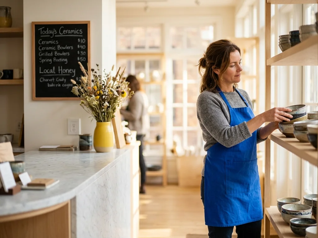 Une commerçante de Clamart organise ses produits pour illustrer l'optimisation SEO des boutiques locales.