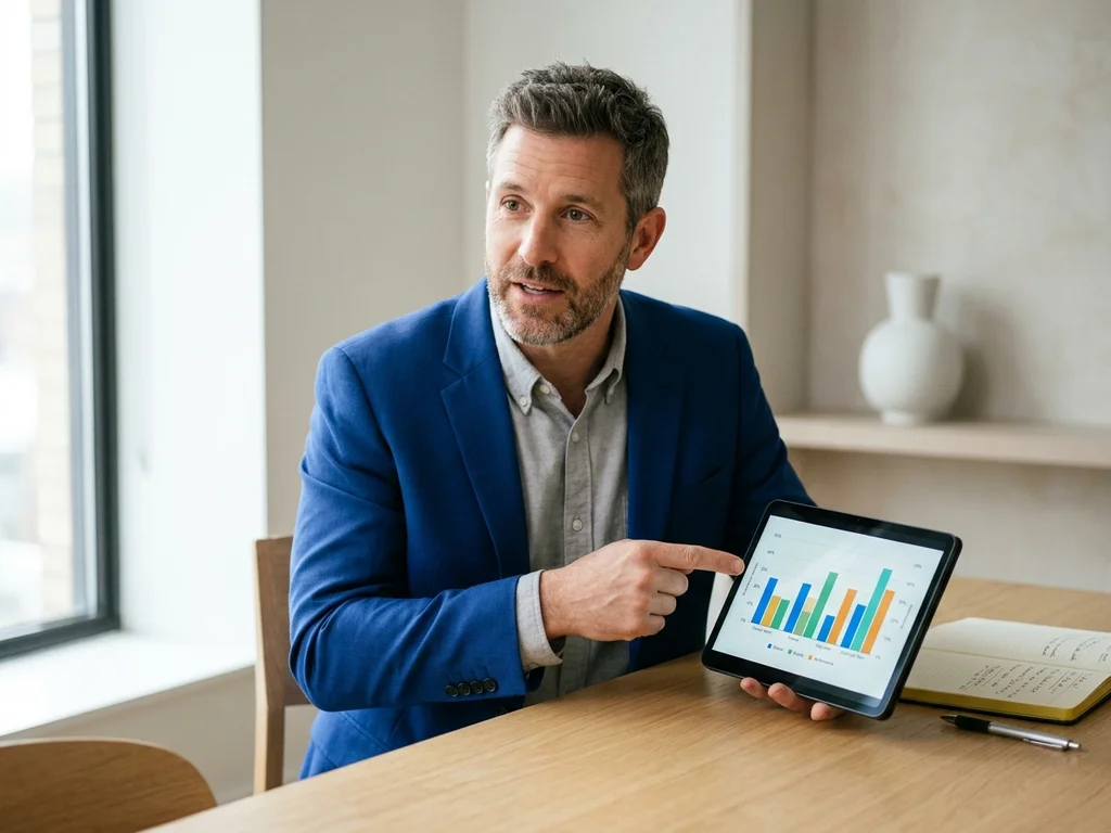 Consultant analysant un graphique de performance sur tablette pour valider la strat3gie de mesure SEO.