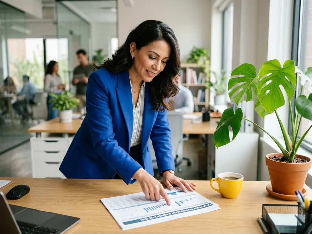 Consultante SEO analysant des rapports de performance pour optimiser la stratégie digitale d'un client.
