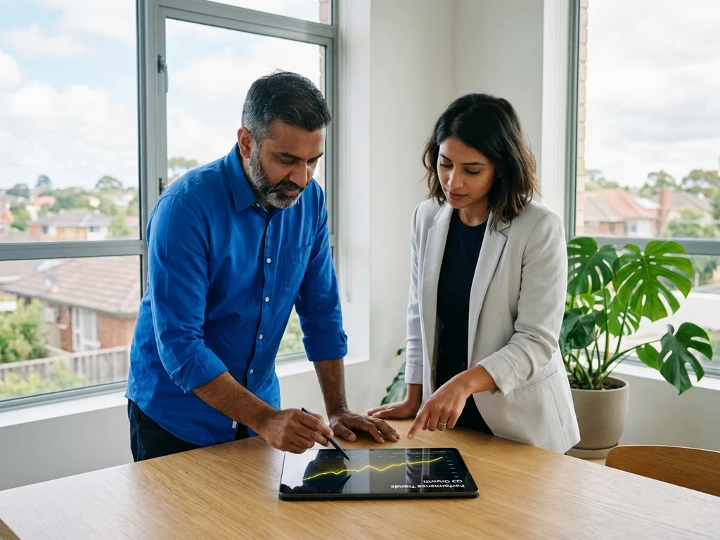 Experts SEO analysant des graphiques de performance Google sur une tablette en réunion.
