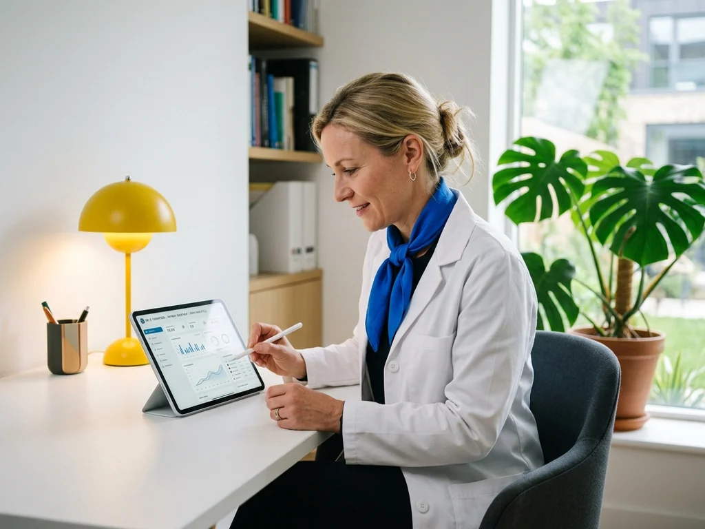 Médecin spécialiste analysant des données numériques pour optimiser la visibilité de son cabinet médical libéral.